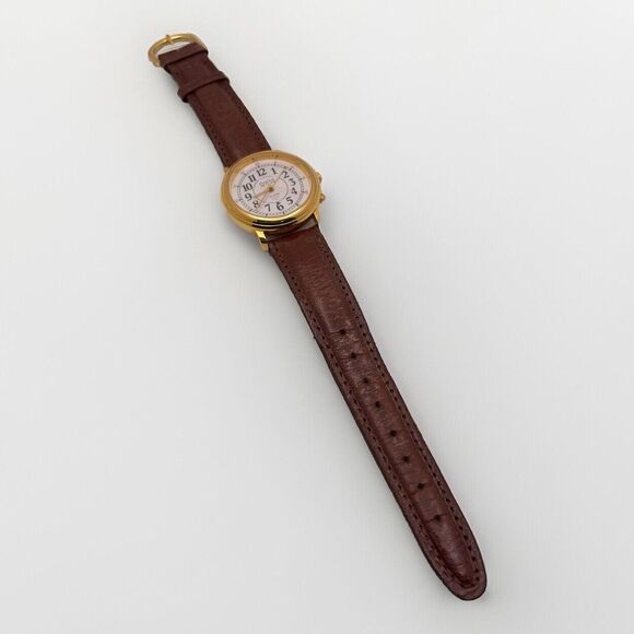 Vintage Guess Watch Women Gold Tone w Alarm White Dial Brown Leather Band 1990 - Picture 5 of 9